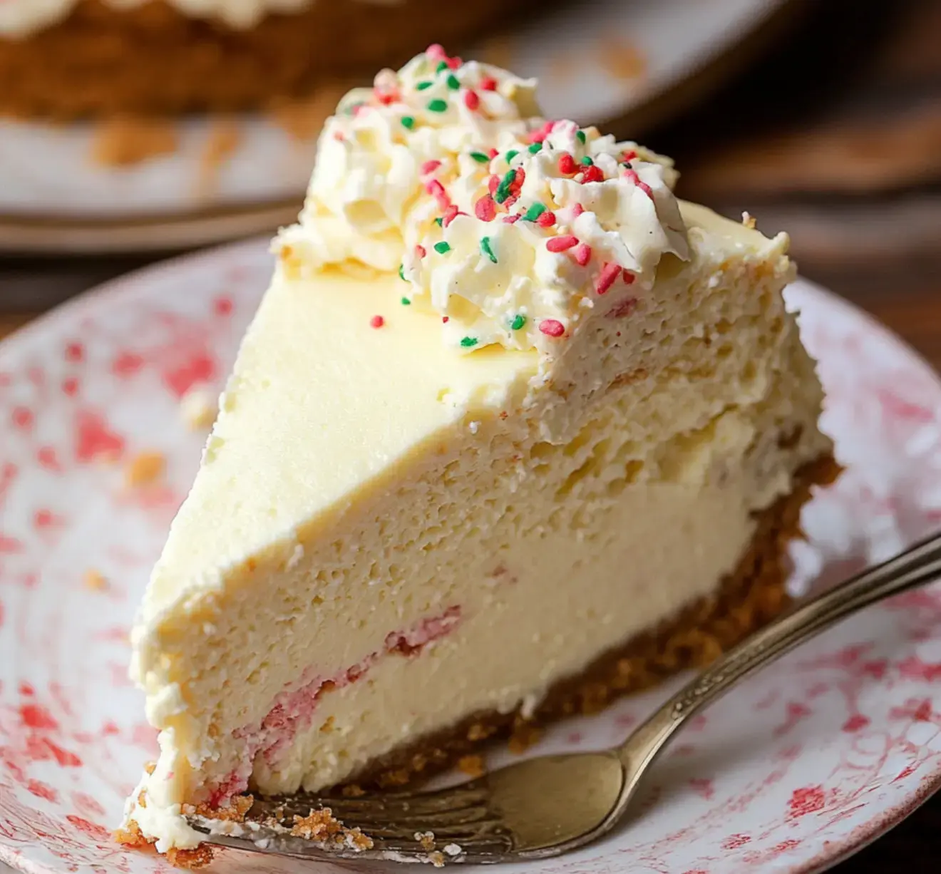One slice of creamy cheesecake with whipped topping and bright sprinkles sits on a flowery plate with a fork next to it.