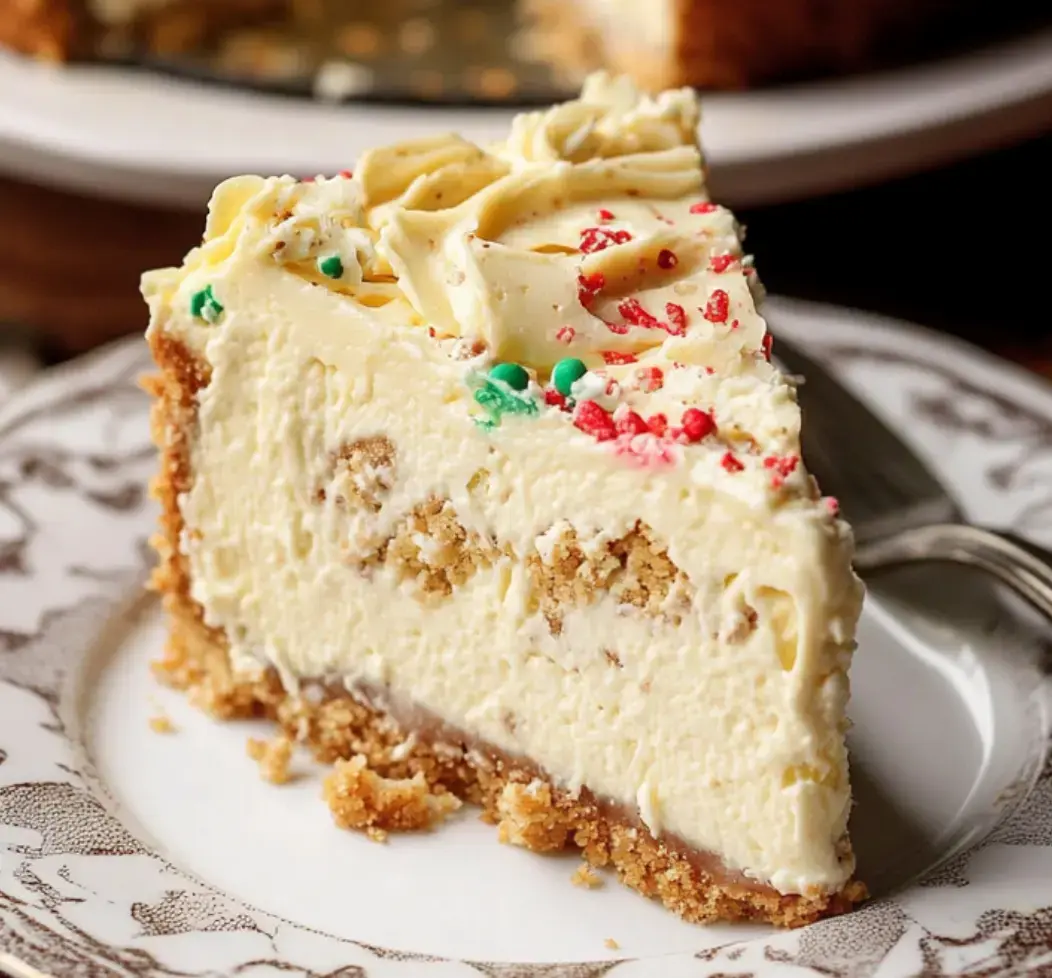 A festive slice of cheesecake with glittery sprinkles sits on a pretty plate.