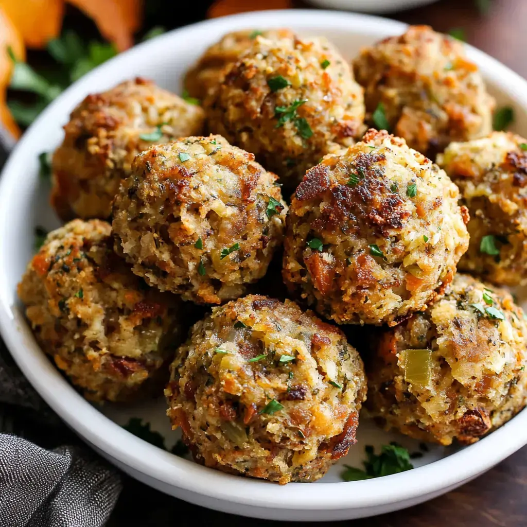 Crunchy browned stuffing balls piled in a white bowl with a parsley sprinkle on top.