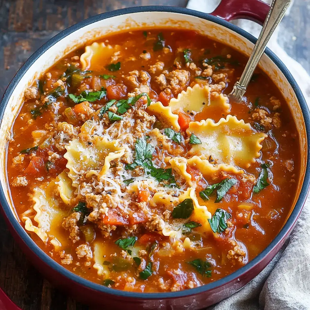A big bowl of soup loaded with chunky noodles, meat, tomatoes, fresh herbs, and cheese on top.