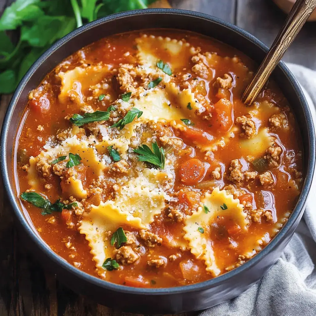 A steaming bowl of ravioli soup piled with ground meat, tomatoes, and sprinkled with bright herbs.