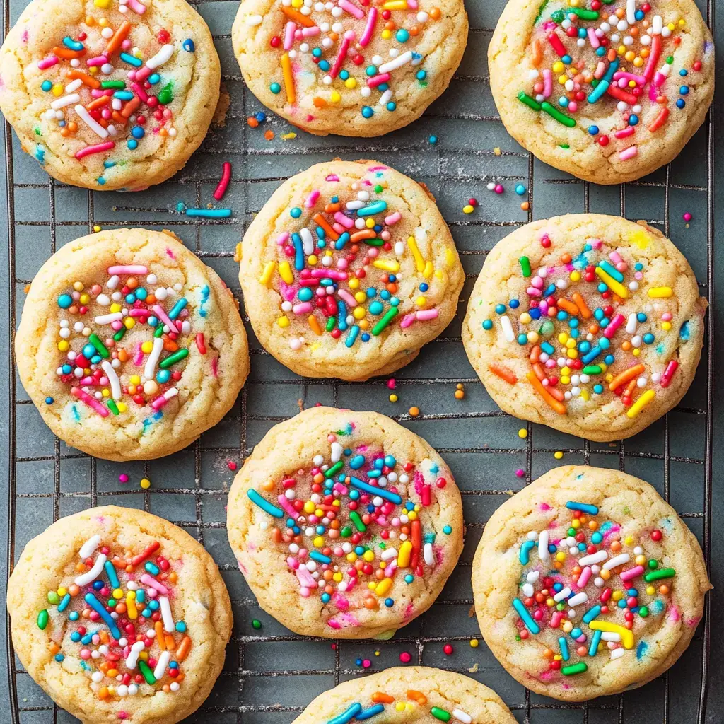 Colorful sprinkle cookies fresh out of the oven relaxing on a cooling rack.