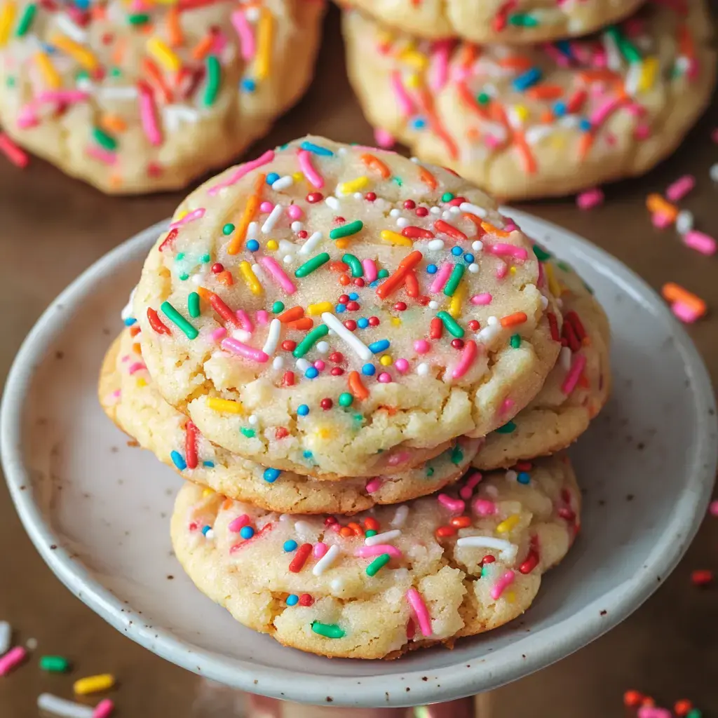 Stack of sprinkle-topped cookies on a plate, with extra cookies and scattered sprinkles in the background for a fun vibe.