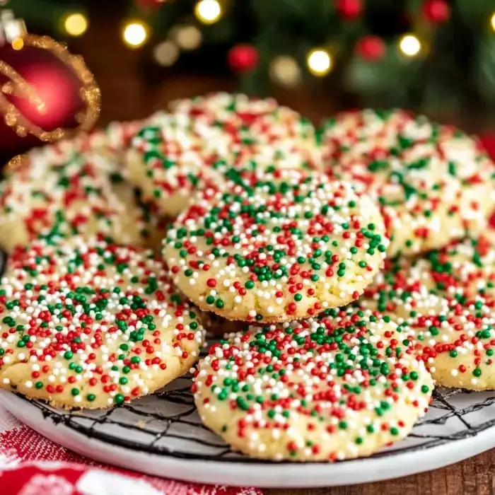 A batch of colorful cookies loaded with red, green, and white sprinkles on a plate, surrounded by Christmas trimmings.