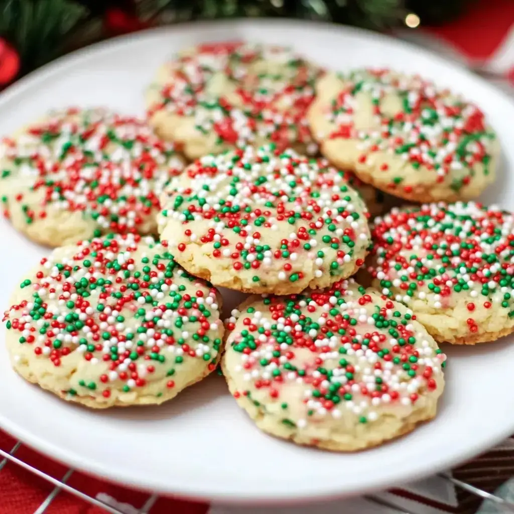 A big white plate stacked high with bright sugar cookies covered in reads, greens, and whites sprinkles.