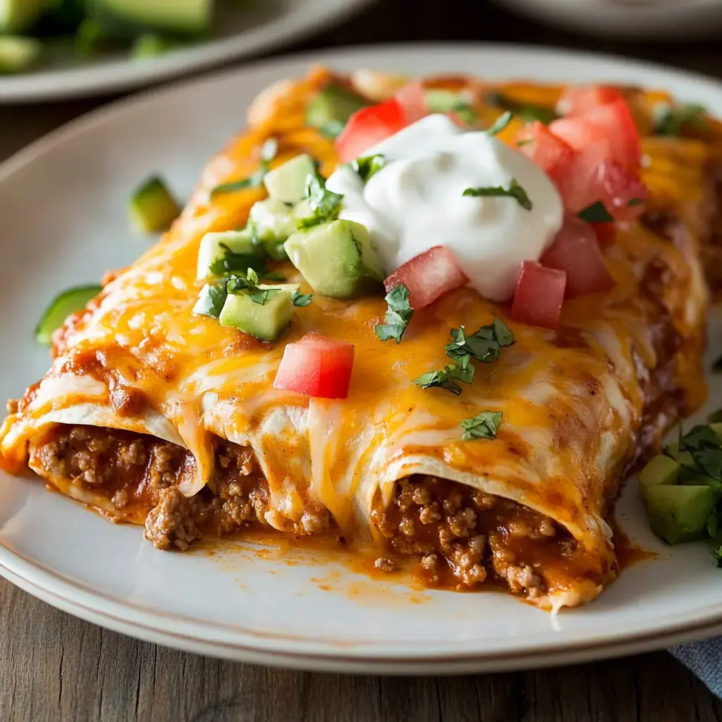 Cheesy beef enchiladas piled on a plate with chopped tomatoes, cucumbers, cilantro, and a scoop of sour cream on top.