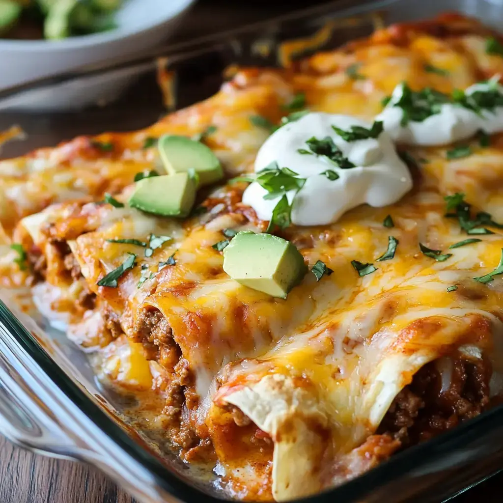 Zoomed-in dish of beef enchiladas covered with sour cream, cilantro, avocado chunks, all served in a glass pan.
