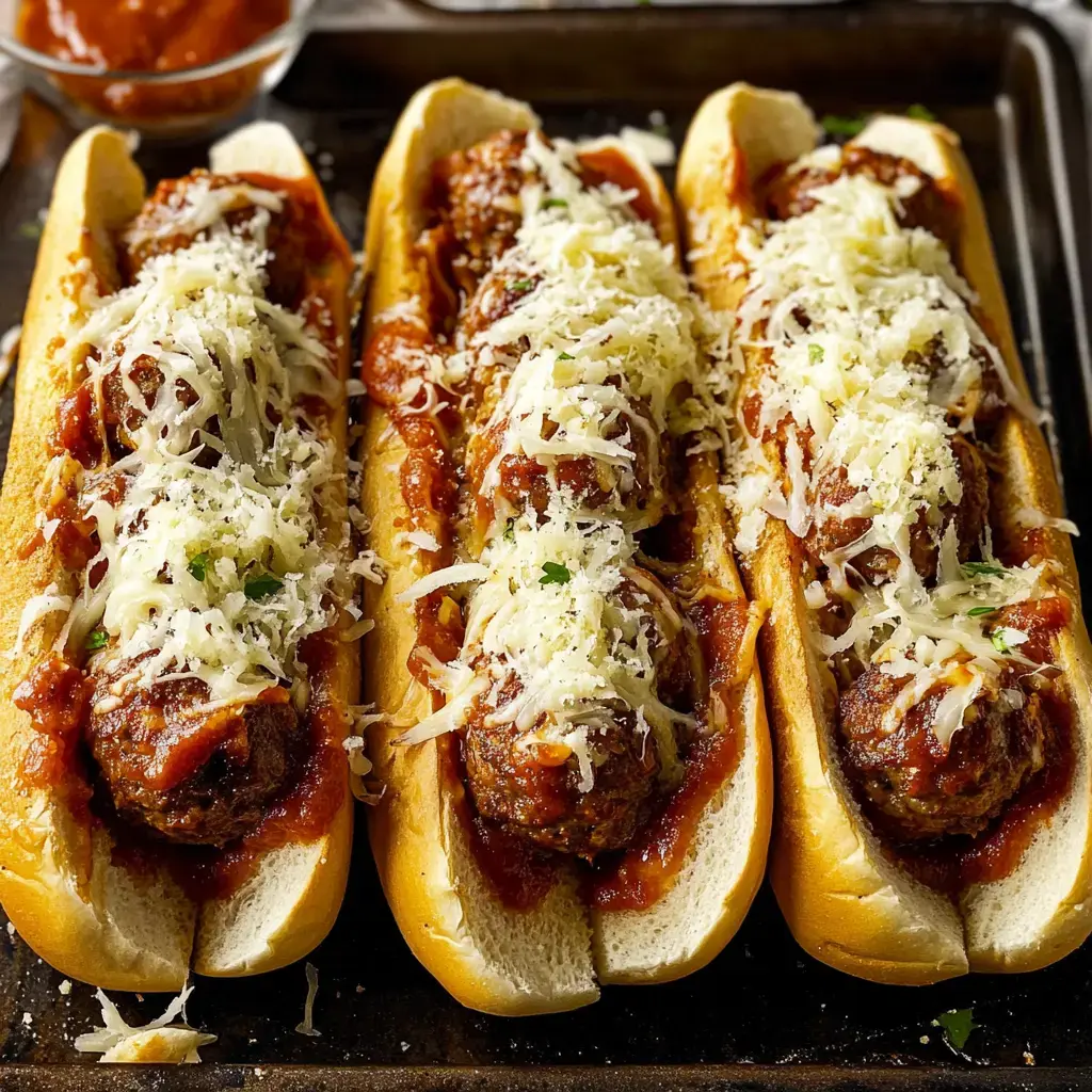 Three hearty subs, loaded with meatballs, sauce, and melty cheese, are sitting on a baking tray.