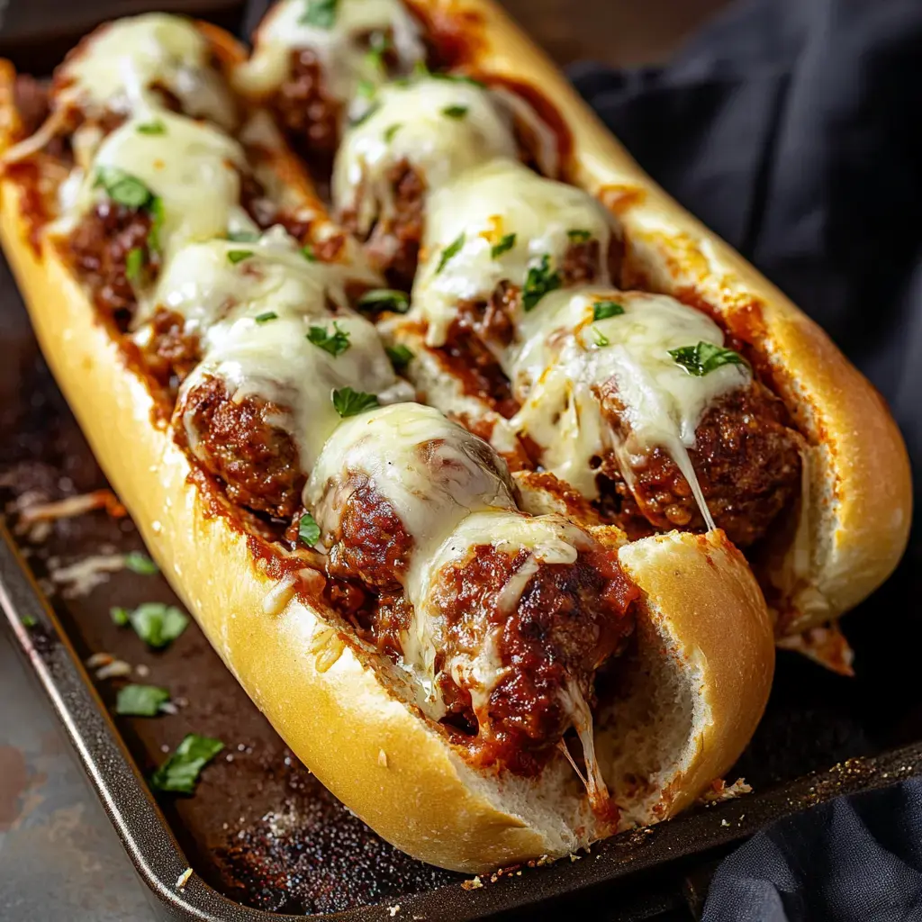 A loaded sub sandwich packed with saucy meatballs, melty cheese, and a sprinkle of parsley sits on a baking tray.