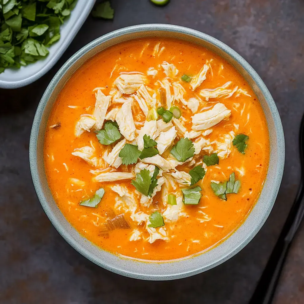 A bowl full of thick orange soup topped with juicy chicken and bits of cilantro.