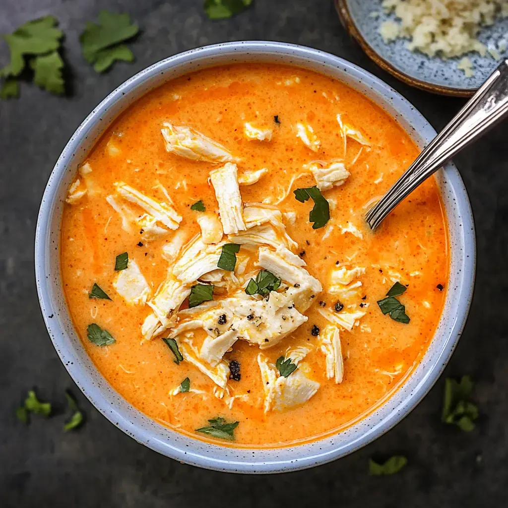 A bowl full of thick orange soup topped with juicy chicken and bits of cilantro.