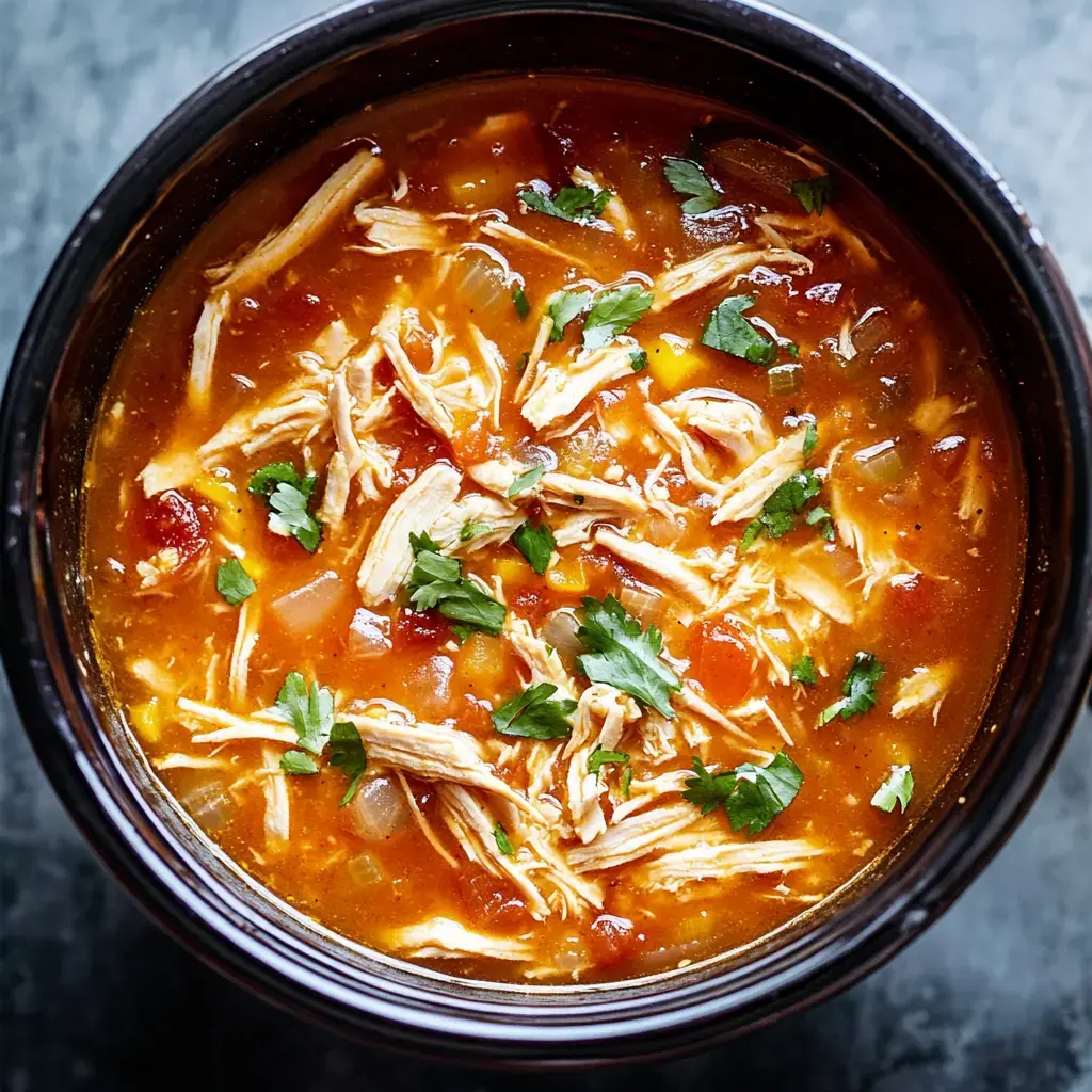 Close view of a bowl filled with chicken, veggies, and beans, topped with cilantro.