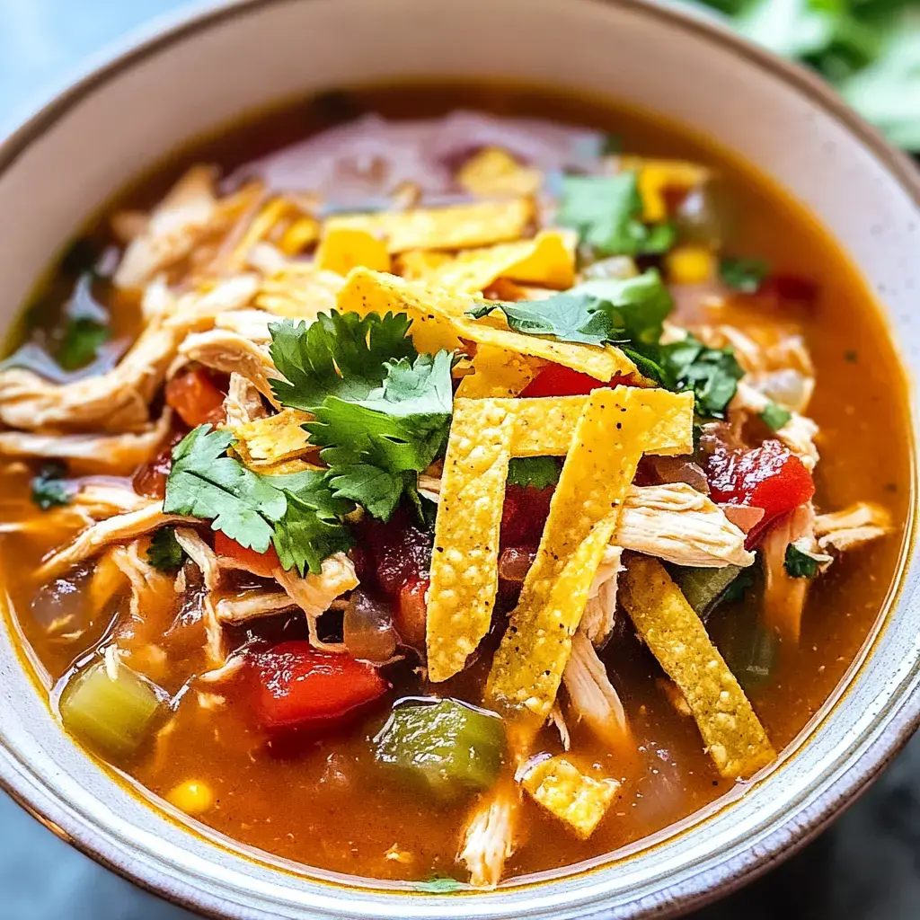 Bowl loaded with soup, shredded chicken, tortilla strips, fresh cilantro, and tomatoes on top.