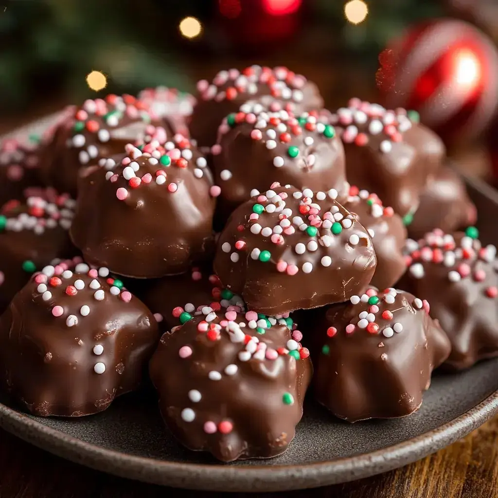 A platter holding chocolate bites topped with red, white, and green festive sprinkles.