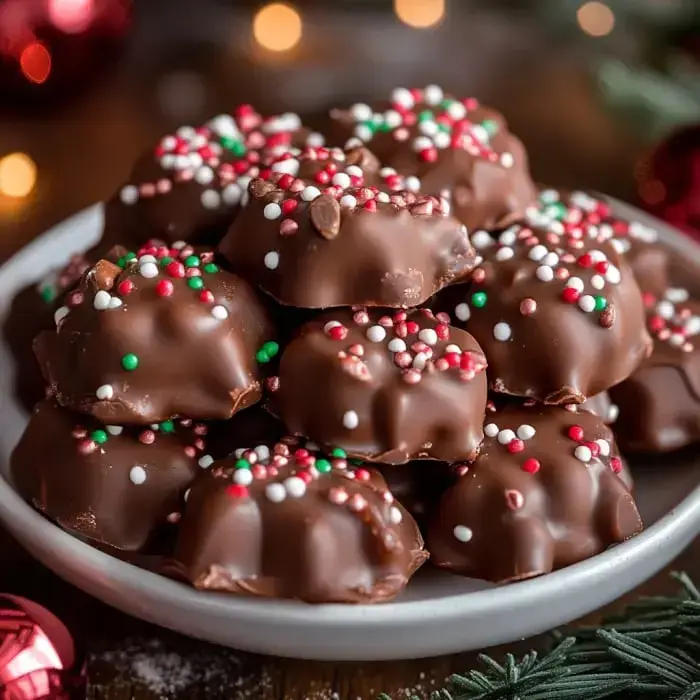 A dish covered with chocolate treats and festive sprinkles in bright colors.