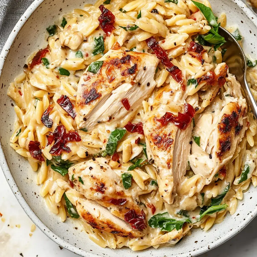A big bowl of creamy orzo with slices of pan-seared chicken, sunny dried tomatoes, and green spinach.