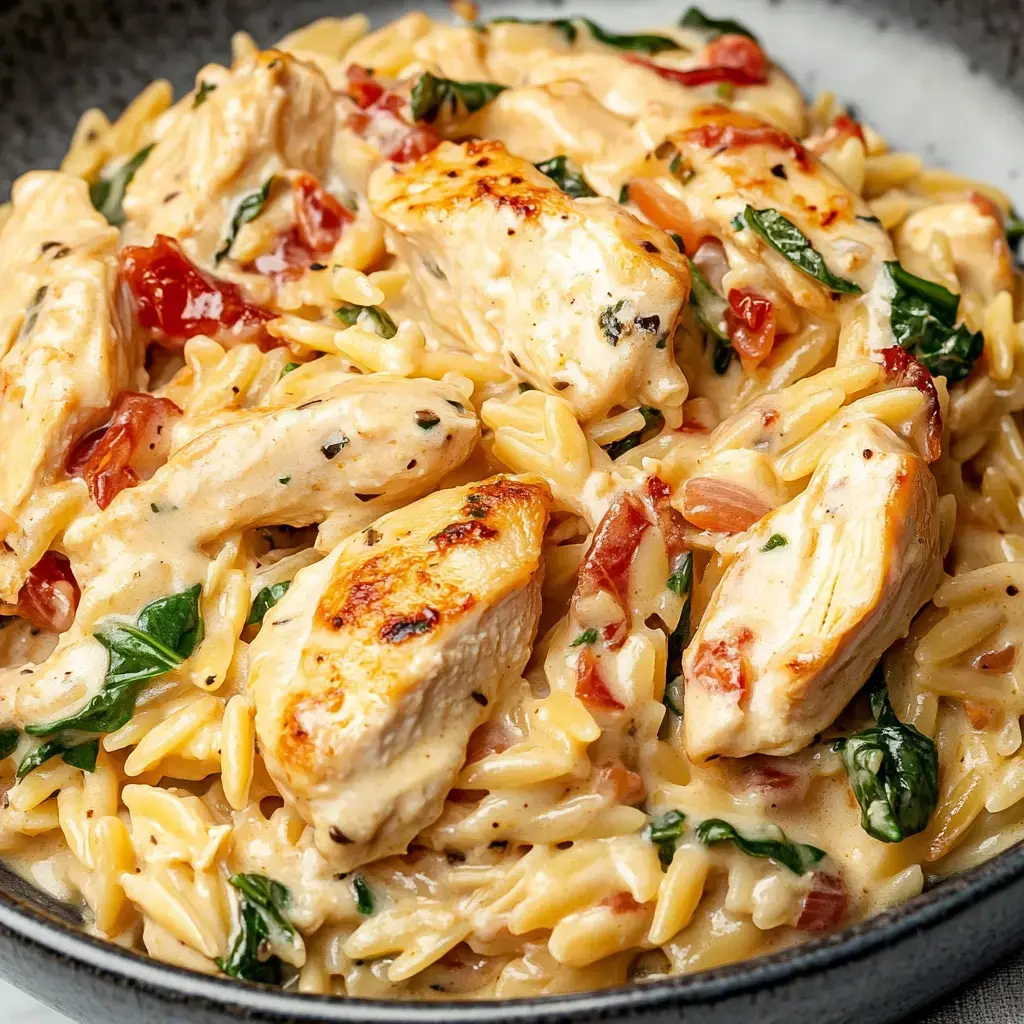 Creamy pasta with juicy sliced chicken, spinach, and sun-dried tomatoes sitting on top.