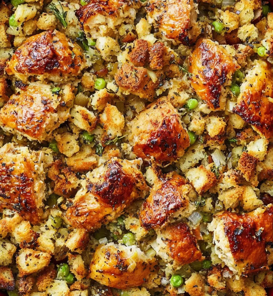 Close-up of crispy, golden dressing packed with peas plus fresh chopped herbs.