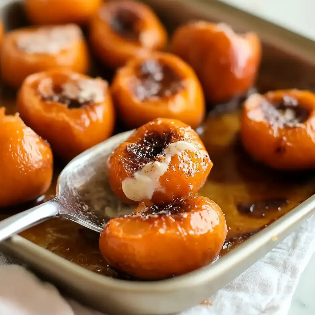 You see baked fruits with caramel tops, one scooped up to show its creamy center.
