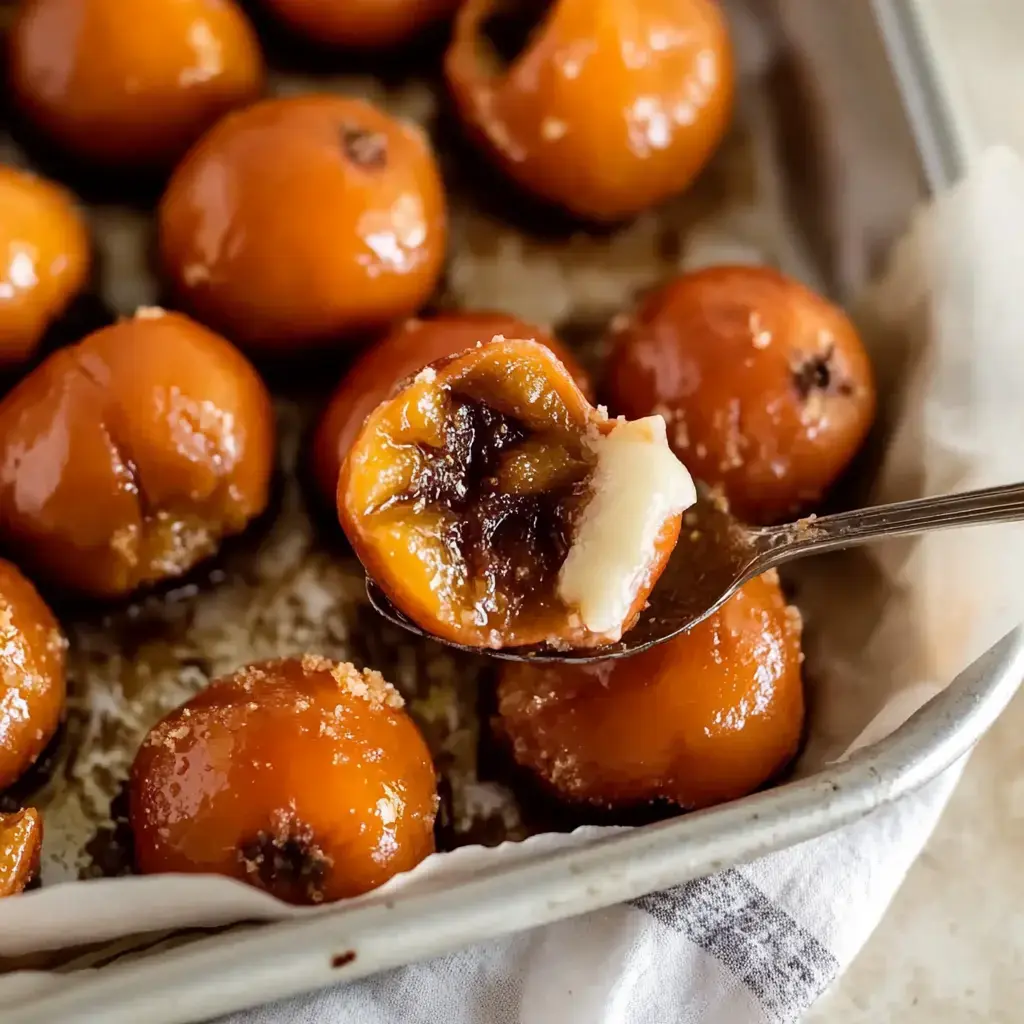 A plate of shiny roasted fruits, one held up with a spoon to show off its sweet inside.
