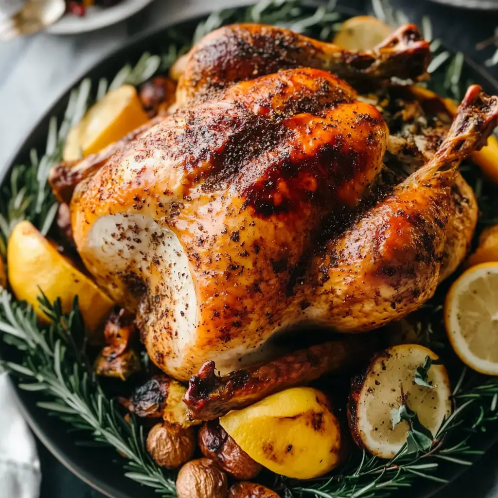 A gorgeous roasted chicken decked with lemon wedges, roasted potatoes, and lots of herbs sits on a black plate.