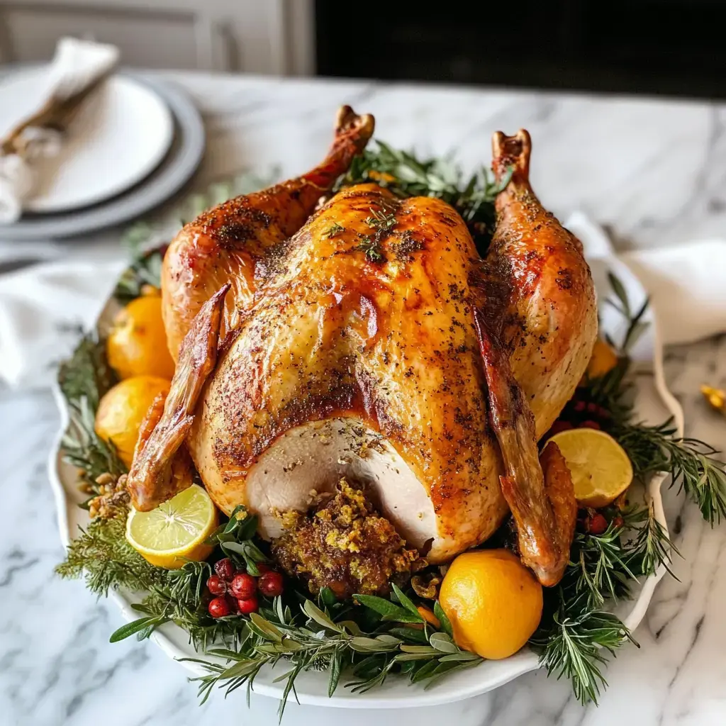 A stunning roasted turkey with loads of fresh herbs and citrus slices on a white serving platter.