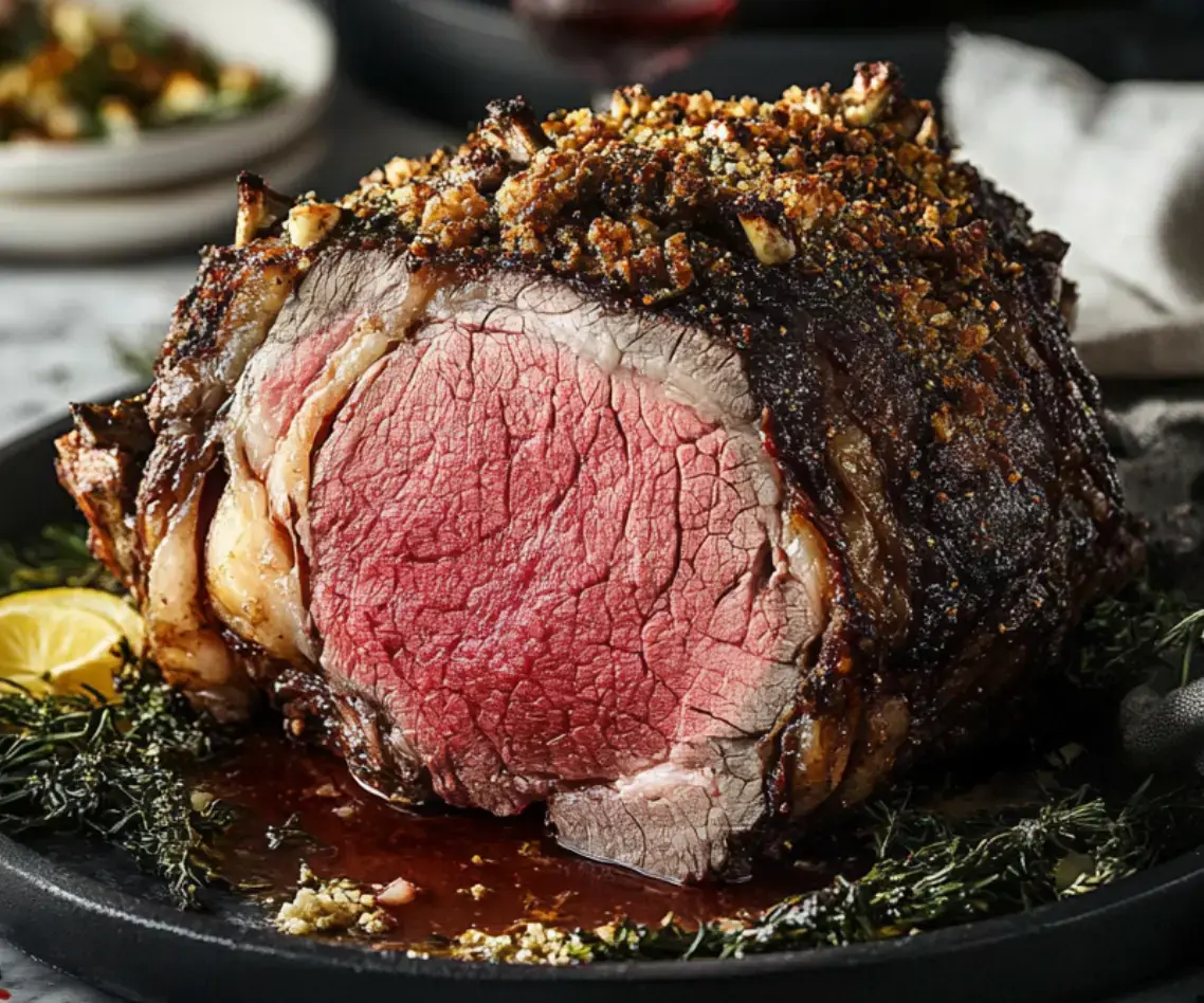 A juicy, roasted beef with crunchy outside, topped with fresh herbs, all served on a dark dish.