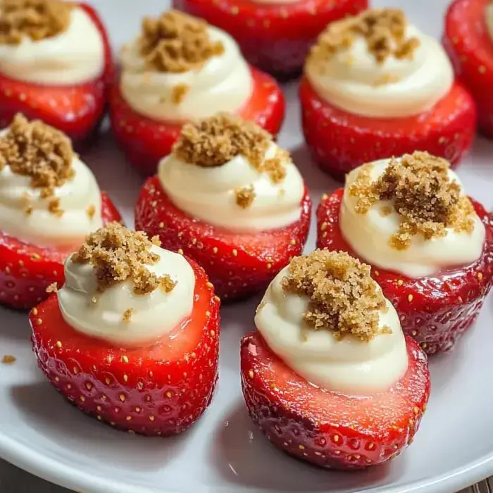 A platter showing halved strawberries filled with creamy filling and sprinkled crumb topping.