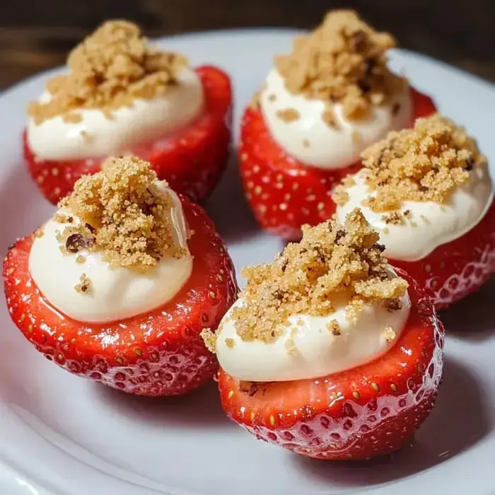 Halved strawberries covered in a creamy topping with brown sugar crumbles.