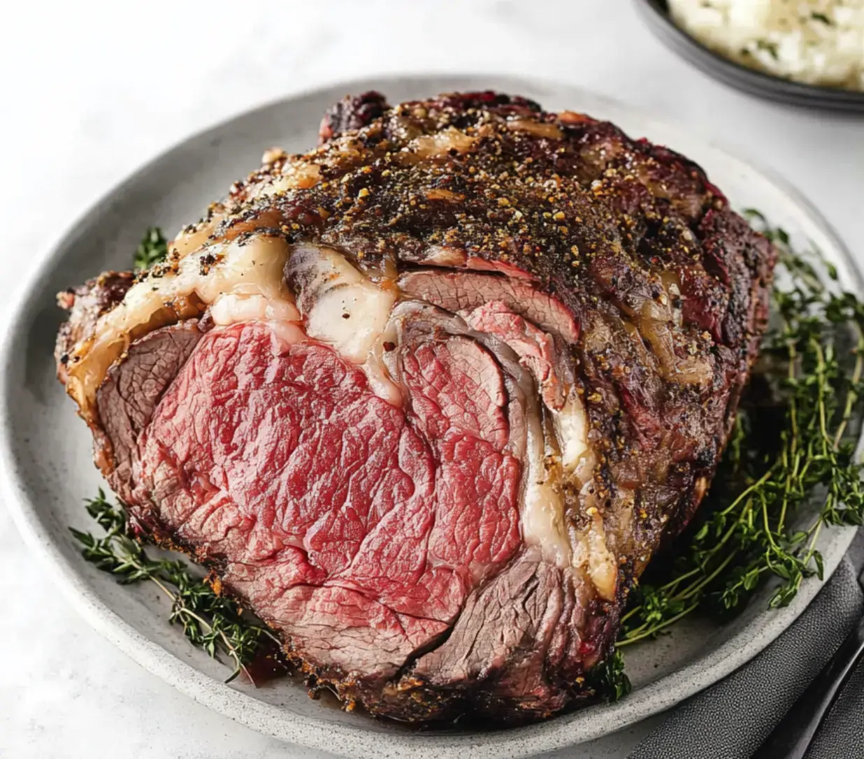 A golden-brown rib roast scattered with fresh thyme, served on a sleek gray plate.