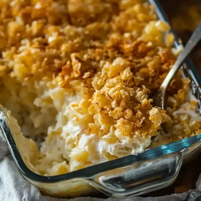 A glass pan full of creamy potatoes under a crunchy golden cornflake layer, with a big spoon ready to dig in.