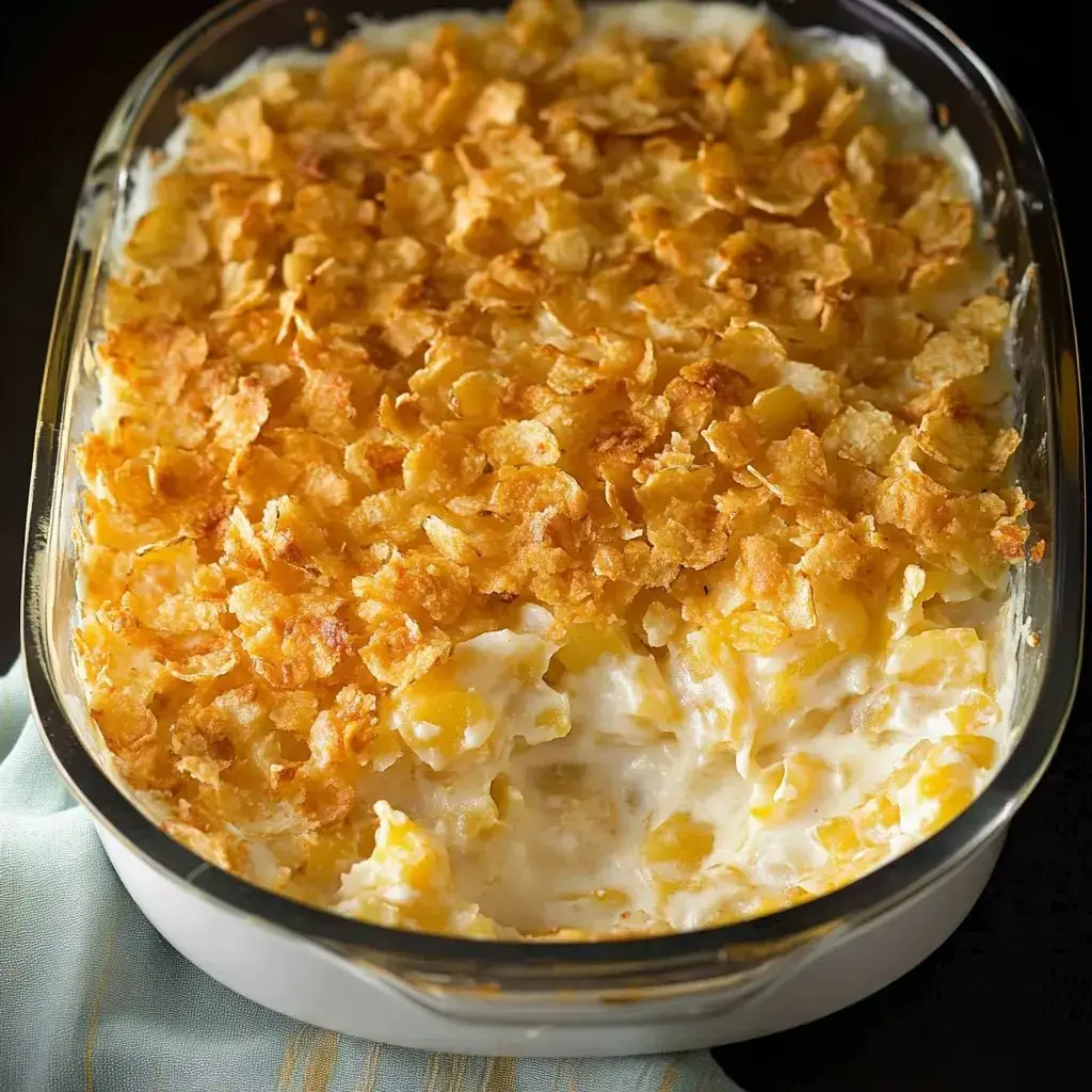 Creamy potatoes under a crisp, golden cornflake layer in a baked casserole, with some of the inside showing.