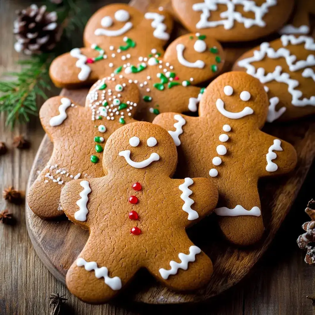 Plate full of frosted gingerbread men on wood, showing off their decorations.