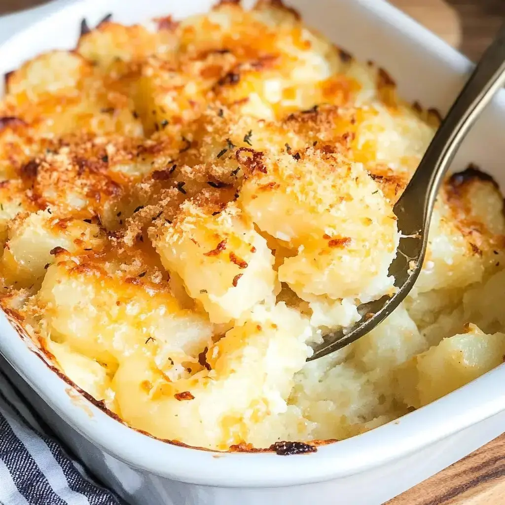 Close shot of cheesy, creamy potatoes baked with a golden topping in a white casserole.