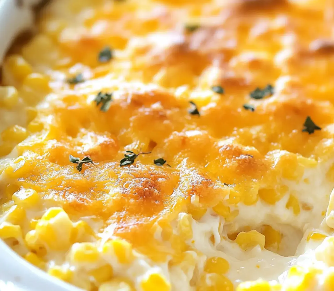Melted cheese and bright herbs on a creamy corn bake up close.