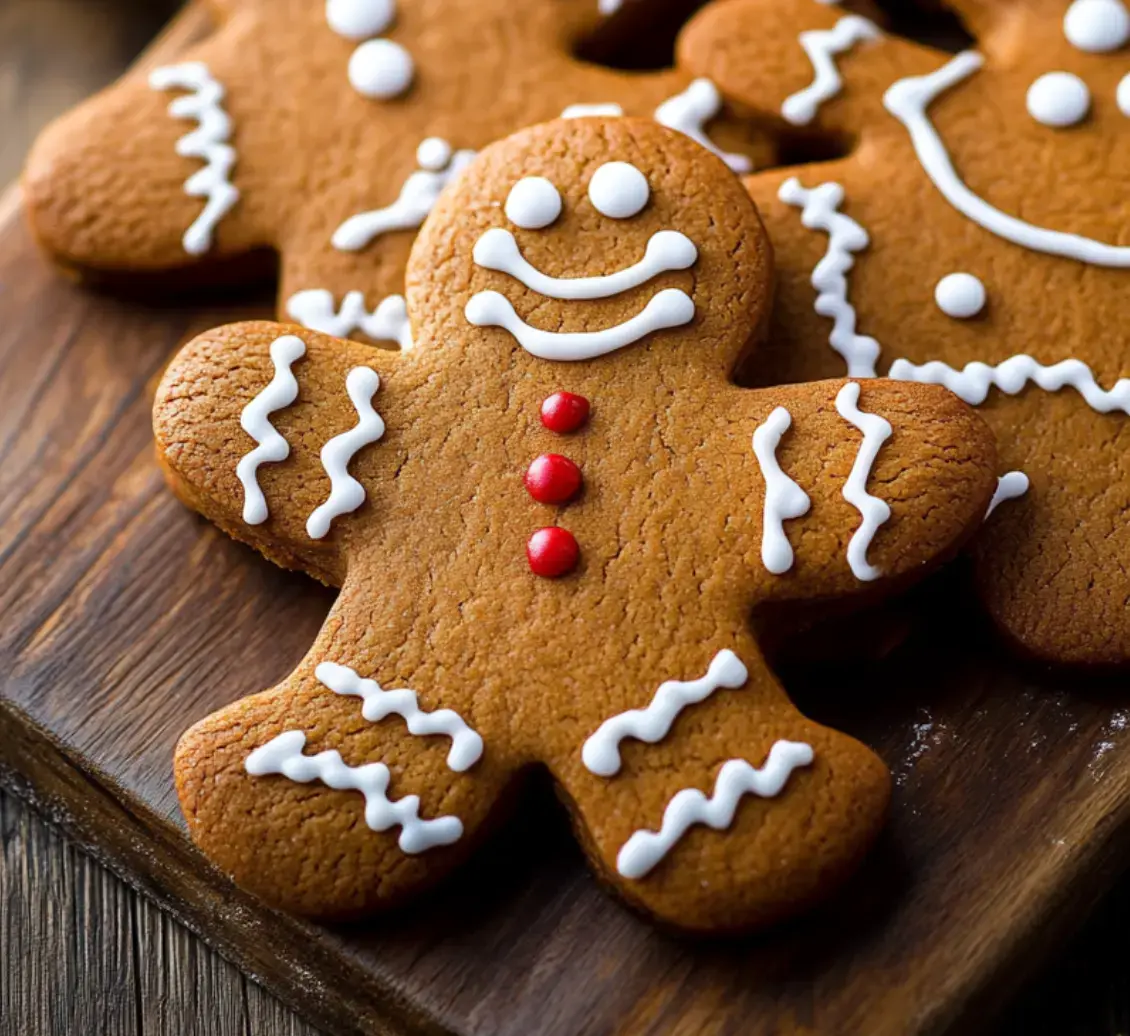 Close-up of snow-white-iced gingerbread men with red candies on a baking board.