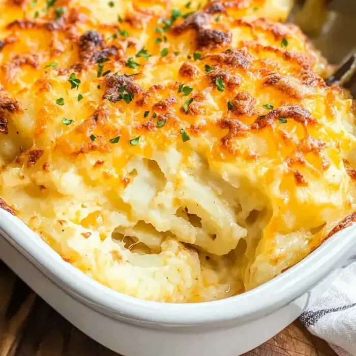 Cheesy golden casserole loaded with creamy potatoes and a sprinkle of green herbs on top.