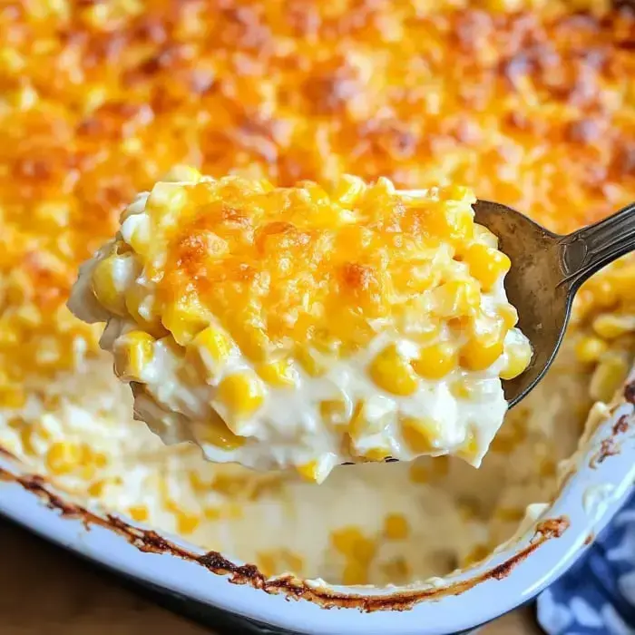 Scooping up creamy, cheesy corn casserole from the pan with cheese pulling away.