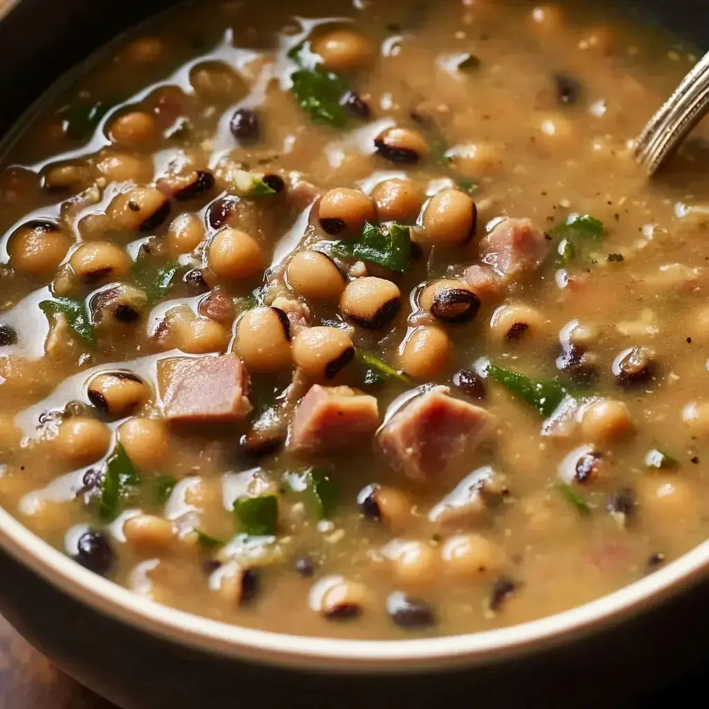 Warm bowl of black-eyed pea stew loaded with herbs and bits of meat.