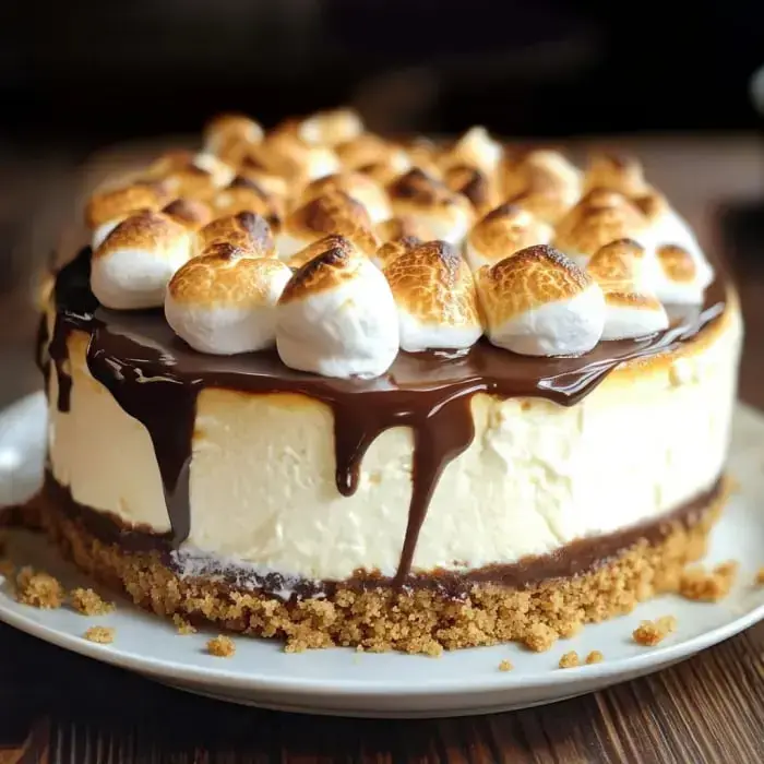A thick creamy dessert covered with melty chocolate sauce and browned marshmallows, resting on a golden crumb crust.