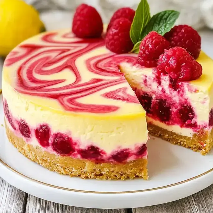 A cheesecake with raspberry swirl, graham cracker bottom, and a handful of fresh berries and mint on top—one slice missing.