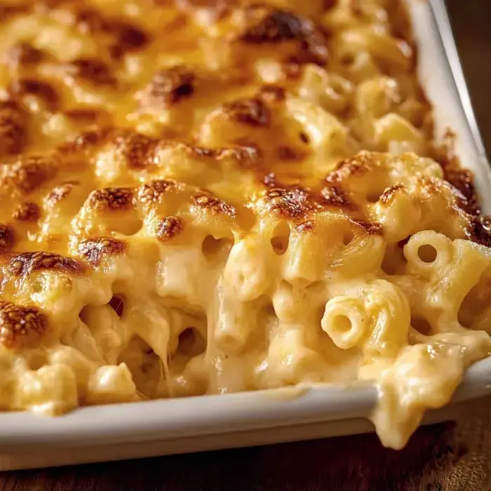 Bubbly, golden mac and cheese shown up close in a serving dish.