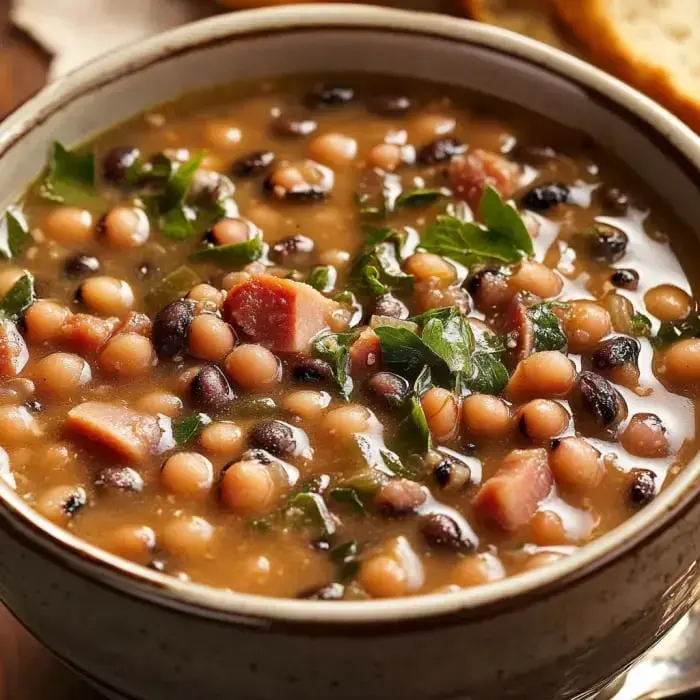 Cozy black-eyed pea and ham soup in a bowl with fresh herbs on top.