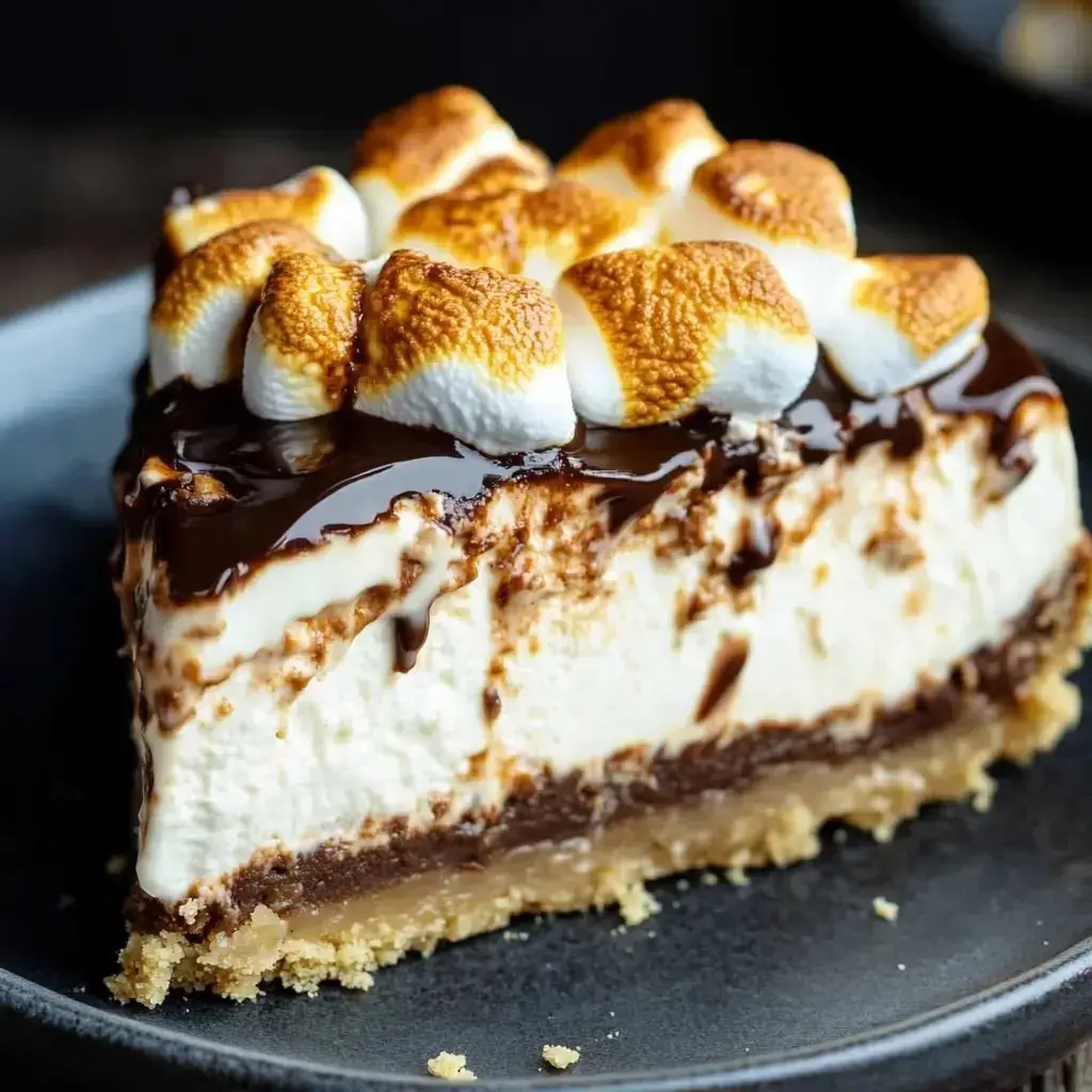 A wedge of sweet treat that shows layers of crumbly graham, rich chocolate, smooth filling, and toasted marshmallow, with chocolate sauce drizzled on top.