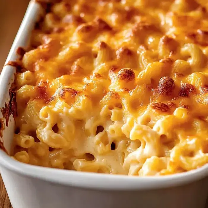 Close-up of baked mac and cheese with a crispy, golden layer.