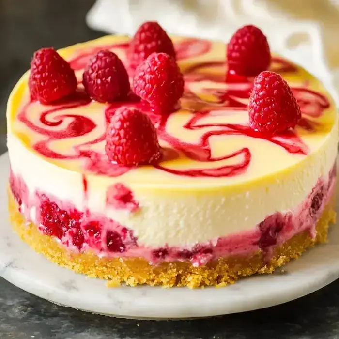 Cheesecake with raspberry ribbons on top, fresh raspberries, and a crisp graham crust.