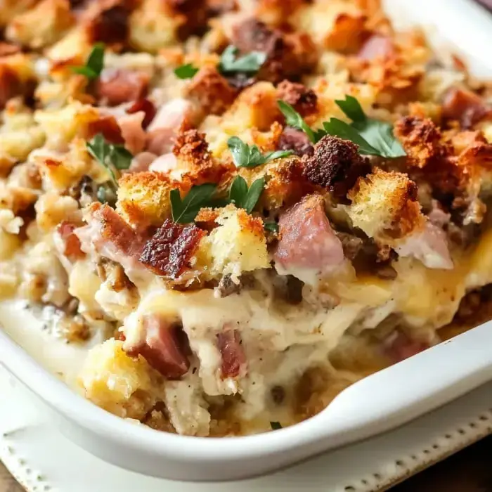 A comfort food bake with a crunchy top layer, bits of ham, and a sprinkle of fresh parsley.