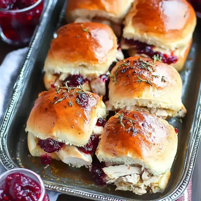 A platter loaded with turkey cranberry sliders and some thyme on top.