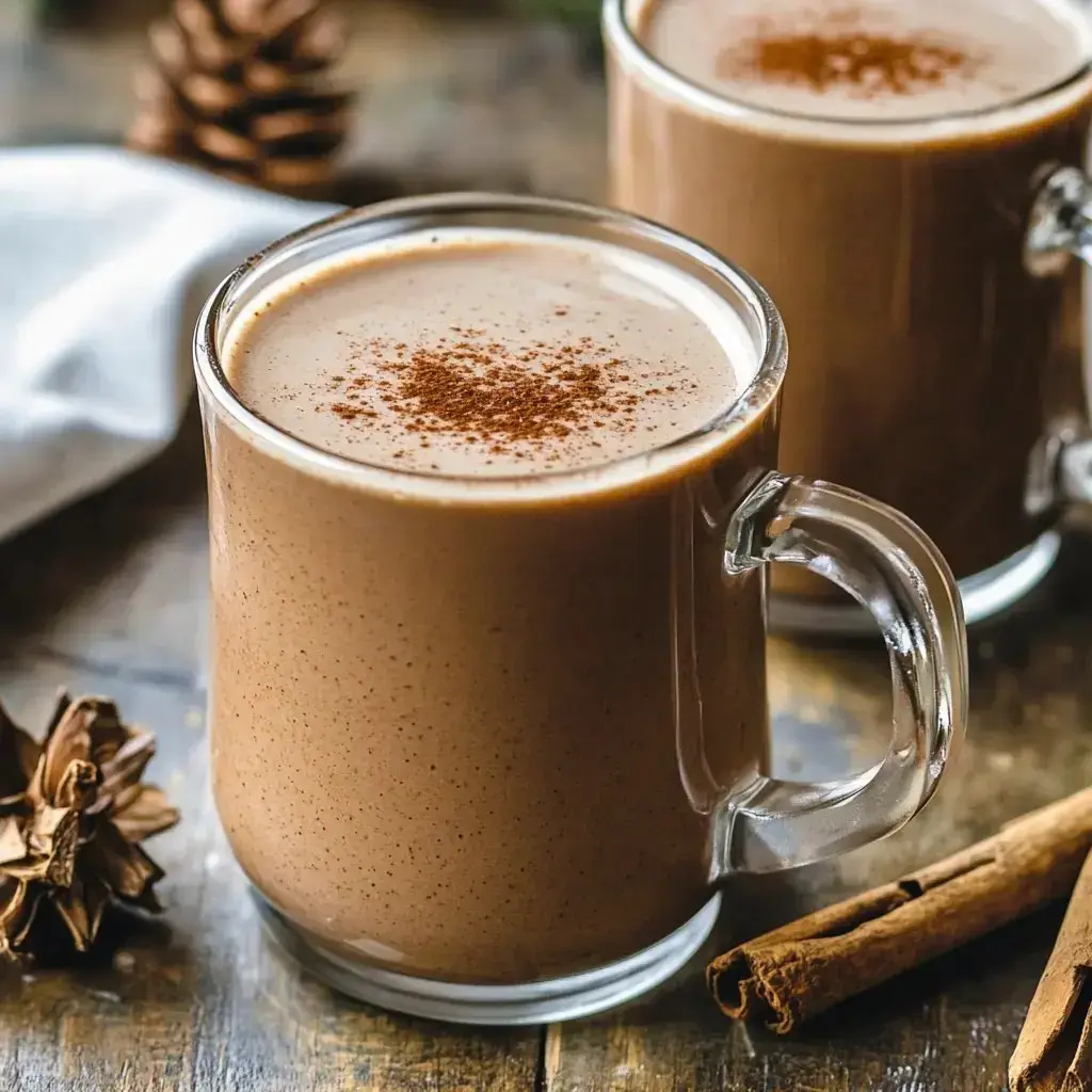Two steaming mugs of chocolatey drink set on wood, dusted with cinnamon and joined by pinecones and a cinnamon stick.