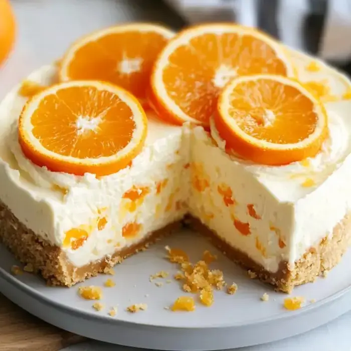 A creamy cheesecake brimming with orange pieces, topped with orange slices, and cut to show off the soft orange filling inside.